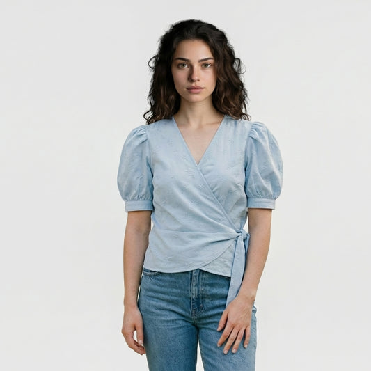 Blusa envelope azul em algodão